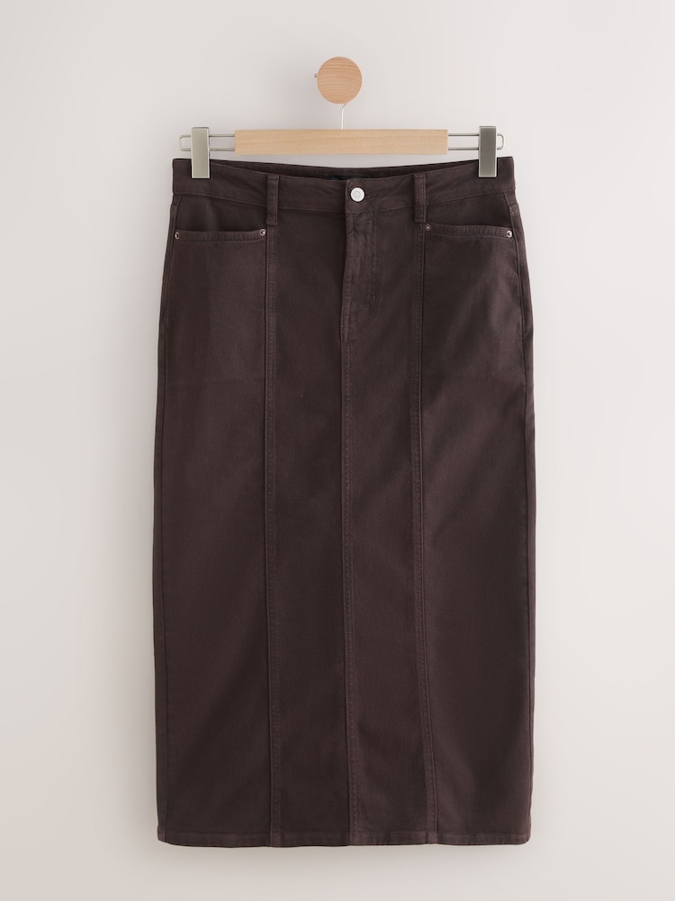 Chocolate Brown Denim Midi Pencil Skirt - Image 1 of 3 Chocolate Brown Denim Midi Pencil Skirt - Image 1 of 3