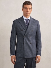 Reiss Navy Pinto Double-Breasted Herringbone Blazer Slim-Fit Wool-Blend - Image 1 of 7