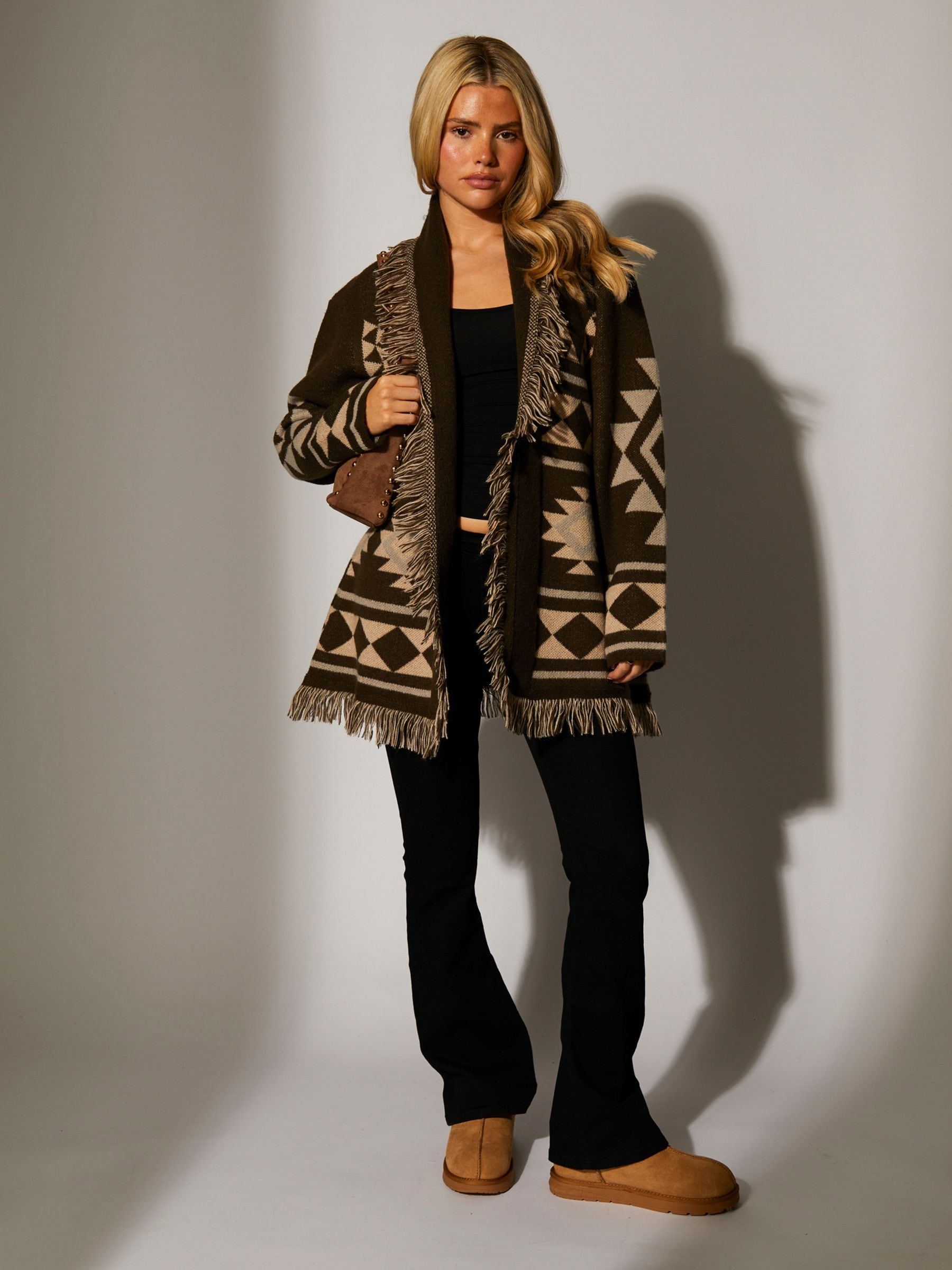 Buy South Beach Brown Jacquard Wasit Tie Knitted Fringe Cardigan