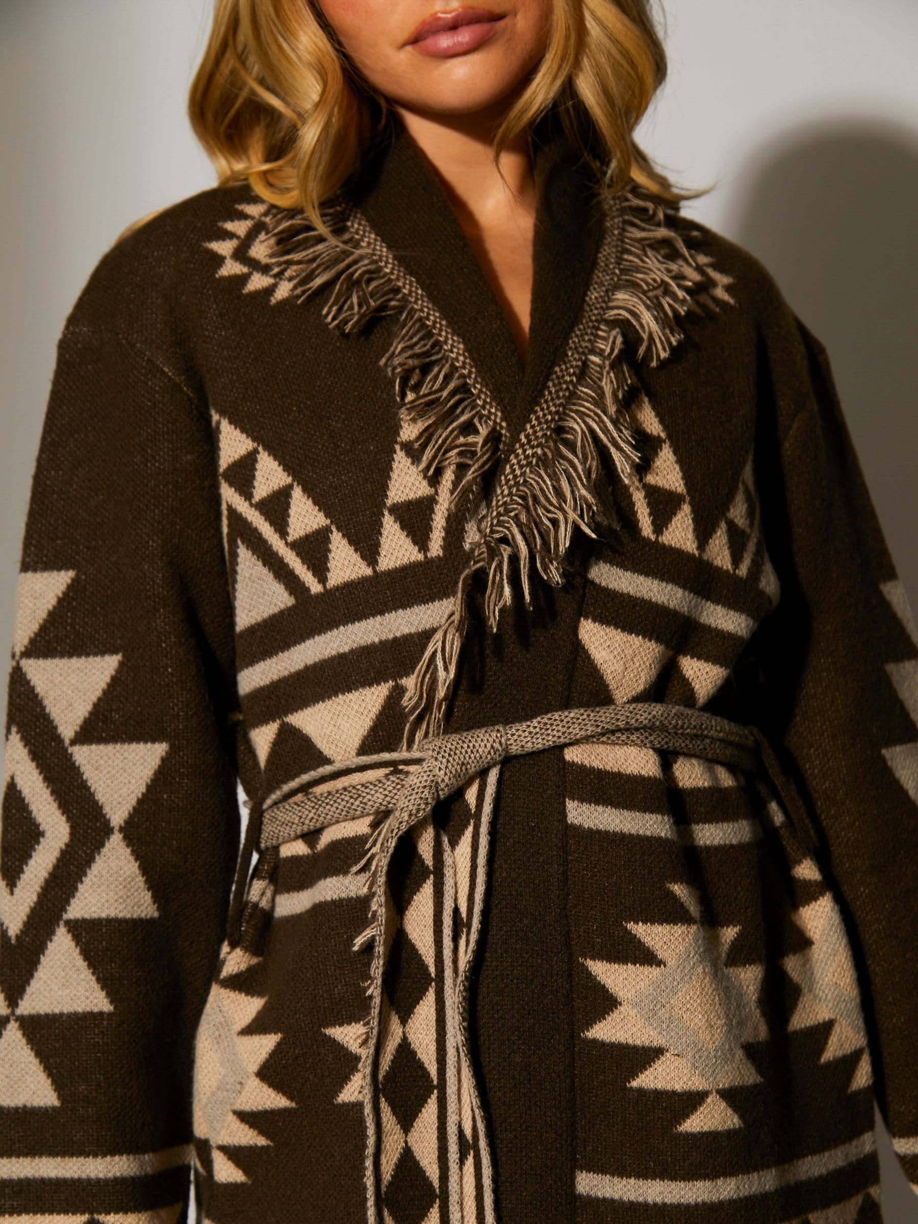 Buy South Beach Brown Jacquard Wasit Tie Knitted Fringe Cardigan