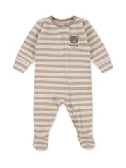 Huggies Stripe Zip Footed Brown Sleepsuit With Bear Detail - Image 1 of 4