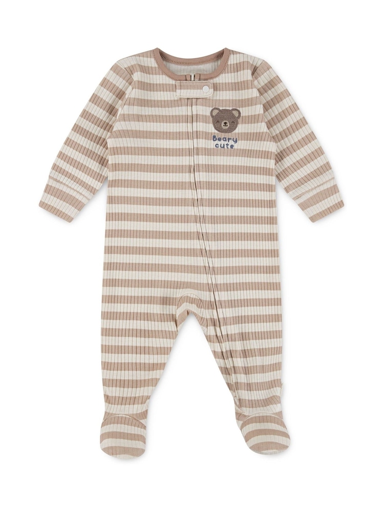 Huggies Stripe Zip Footed Brown Sleepsuit With Bear Detail - Image 1 of 4