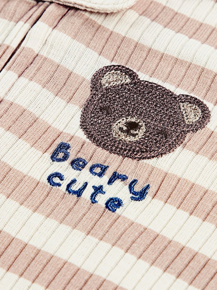 Huggies Stripe Zip Footed Brown Sleepsuit With Bear Detail - Image 2 of 4