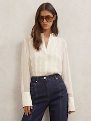 Reiss Cream Miranda Lace-Trim Sheer Button-Through Blouse - Image 1 of 6