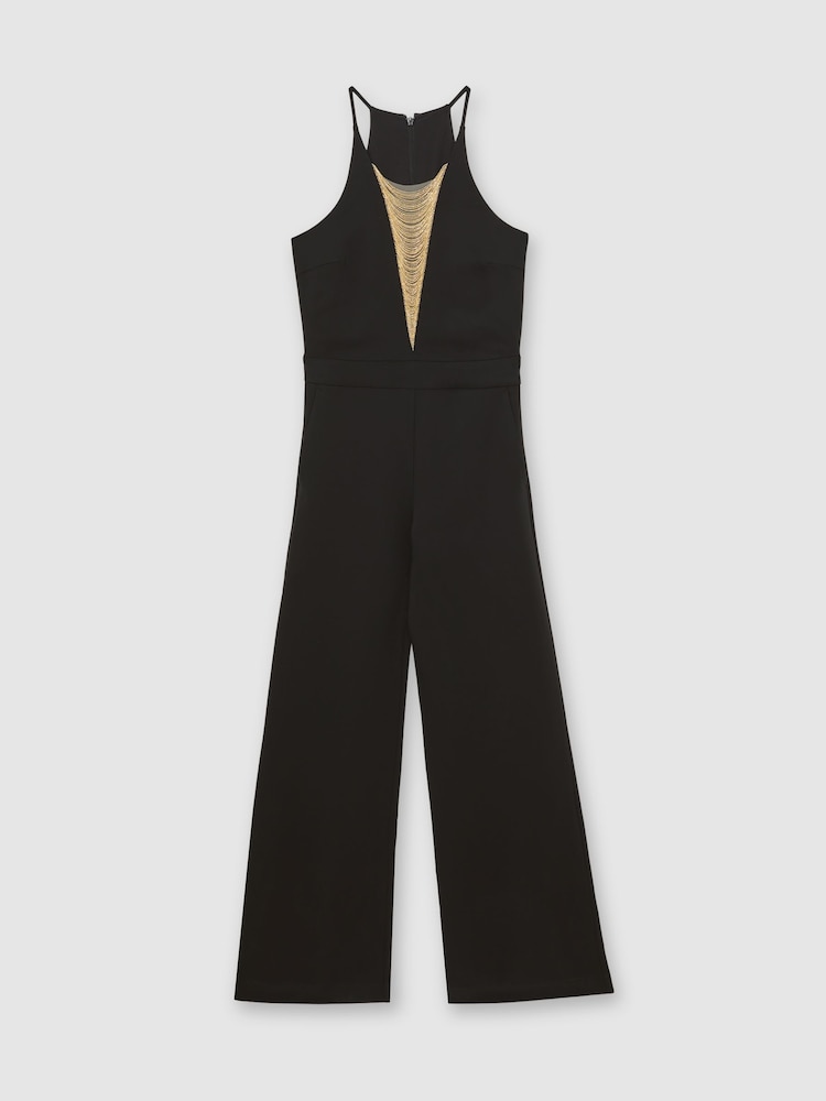 Reiss Black Kamila Chain-Detail Flared-Leg Jumpsuit - Image 2 of 6 Reiss Black Kamila Chain-Detail Flared-Leg Jumpsuit - Image 2 of 6