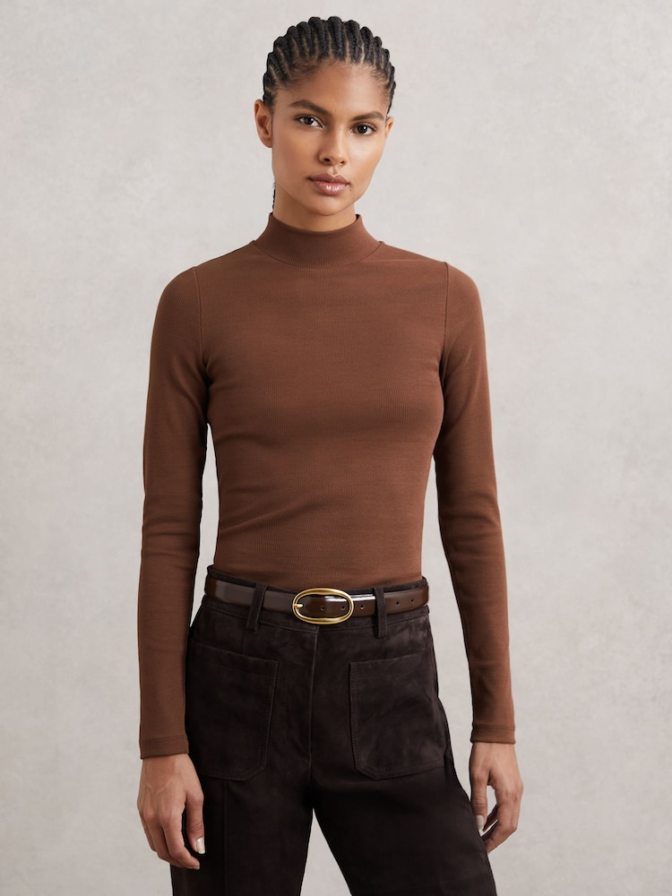 Reiss Brown Polly Stretch-Cotton Funnel-Neck Top - Image 1 of 6