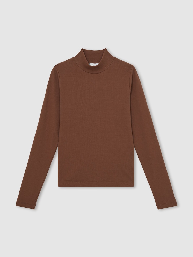 Reiss Brown Polly Stretch-Cotton Funnel-Neck Top - Image 2 of 6