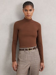 Reiss Brown Polly Stretch-Cotton Funnel-Neck Top - Image 4 of 6