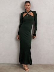 Reiss Dark Green Vivienne Petite Cut-Out Knitted Maxi Dress - Image 1 of 6