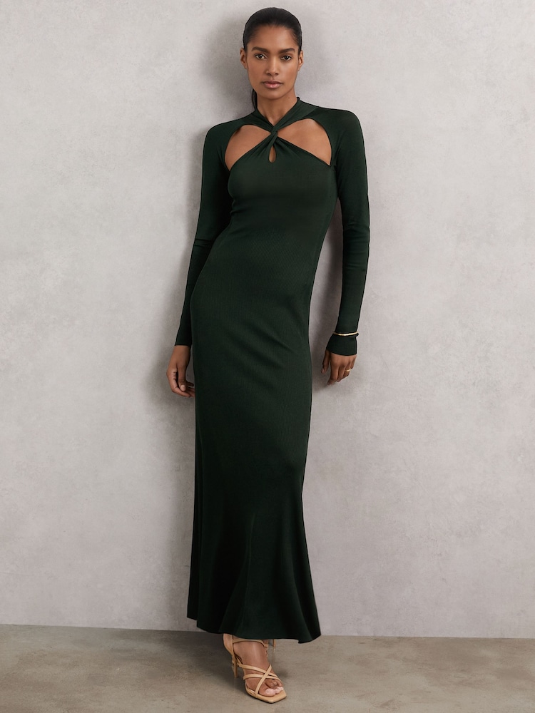 Reiss Dark Green Vivienne Petite Cut-Out Knitted Maxi Dress - Image 1 of 6 Reiss Dark Green Vivienne Petite Cut-Out Knitted Maxi Dress - Image 1 of 6