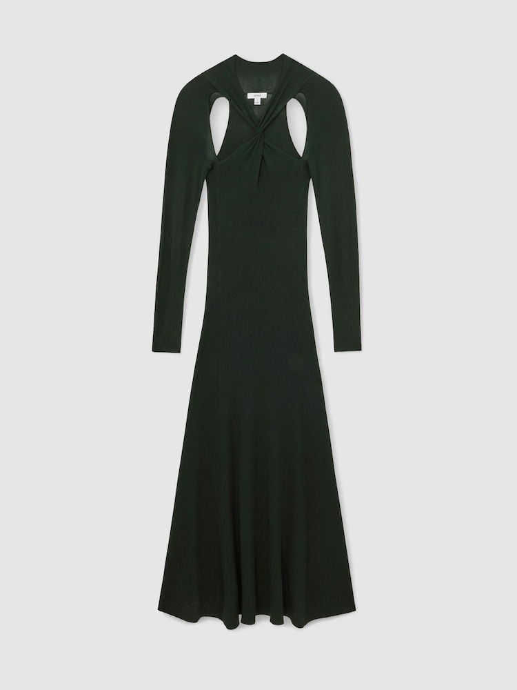 Reiss Dark Green Vivienne Petite Cut-Out Knitted Maxi Dress - Image 2 of 6 Reiss Dark Green Vivienne Petite Cut-Out Knitted Maxi Dress - Image 2 of 6