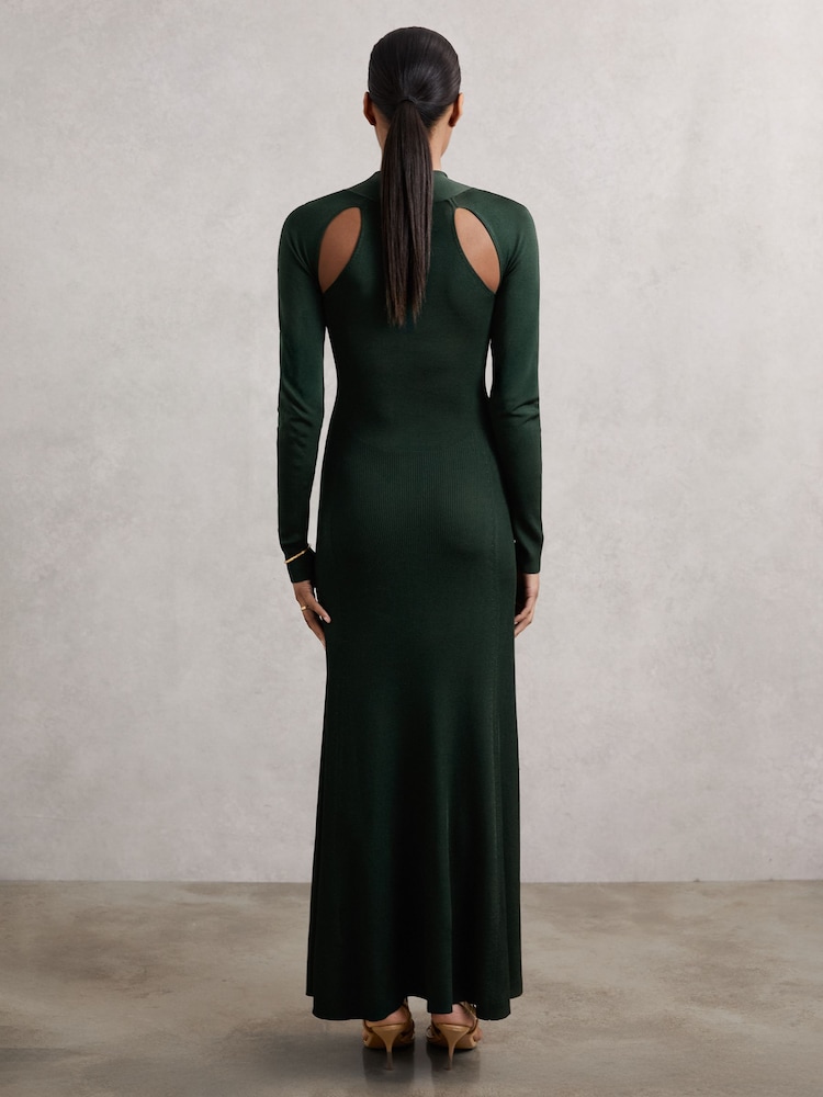 Reiss - Dark Green Petite Cut-out Knitted Maxi Dress, XL