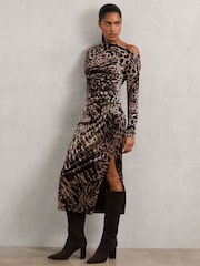 Reiss Black/Brown Briana Petite Velvet Leopard-Print Midi Dress - Image 1 of 7