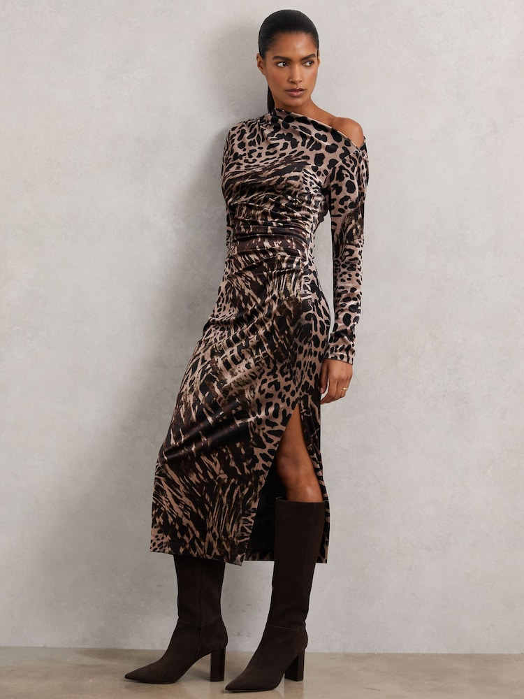 Reiss Black/Brown Briana Petite Velvet Leopard-Print Midi Dress - Image 1 of 7 Reiss Black/Brown Briana Petite Velvet Leopard-Print Midi Dress - Image 1 of 7