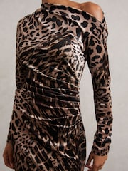 Reiss Black/Brown Briana Petite Velvet Leopard-Print Midi Dress - Image 3 of 7