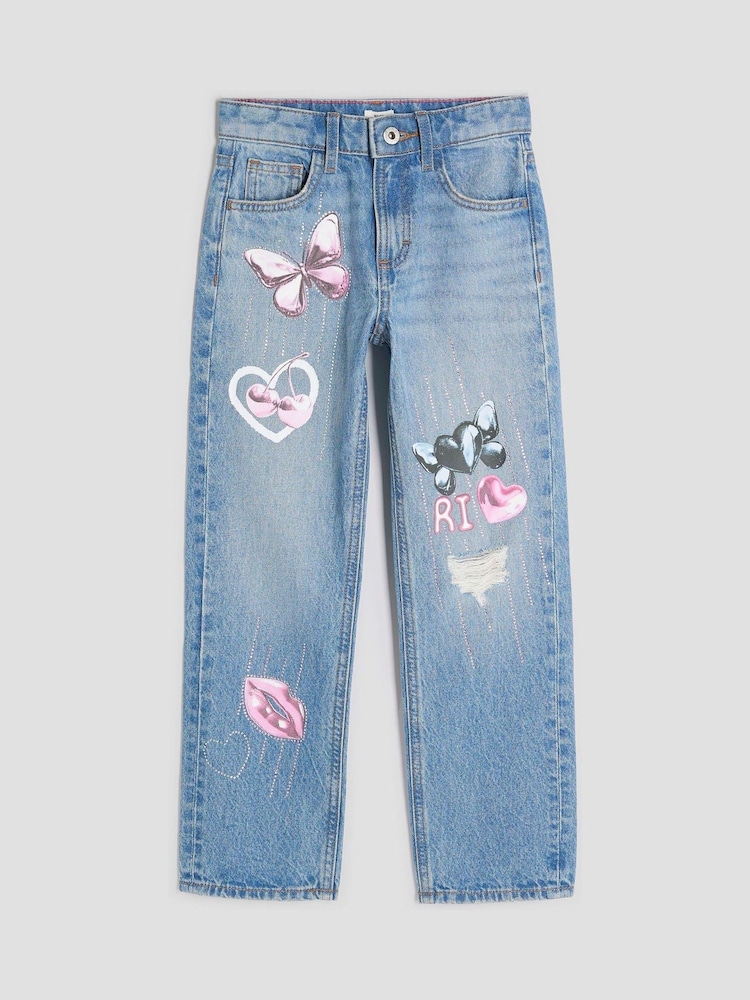 River Island Blue Girls Graffiti Straight Jeans - Image 1 of 4