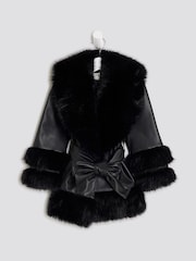 River Island Black Faux Leather Fur Wrap Coat - Image 1 of 4