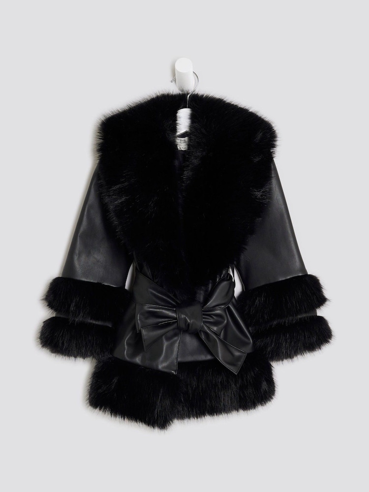 River Island Black Faux Leather Fur Wrap Coat - Image 1 of 4