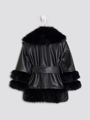 River Island Black Faux Leather Fur Wrap Coat - Image 3 of 4