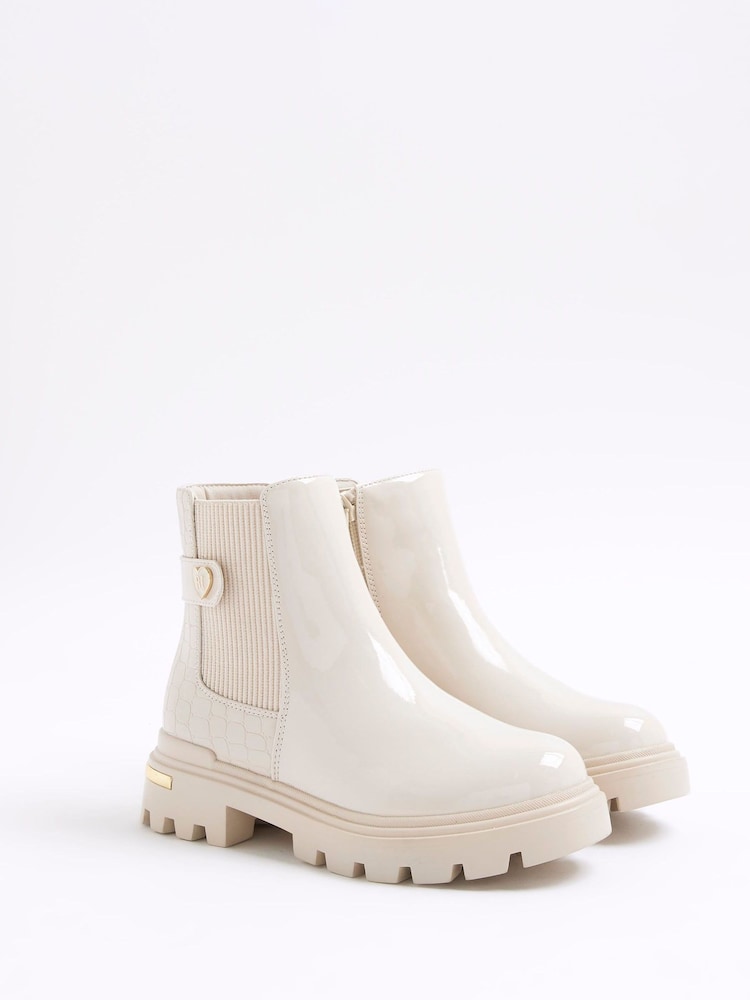 River Island Cream Girls Patent Heart Strap Chelsea Boots - Image 2 of 5 River Island Cream Girls Patent Heart Strap Chelsea Boots - Image 2 of 5