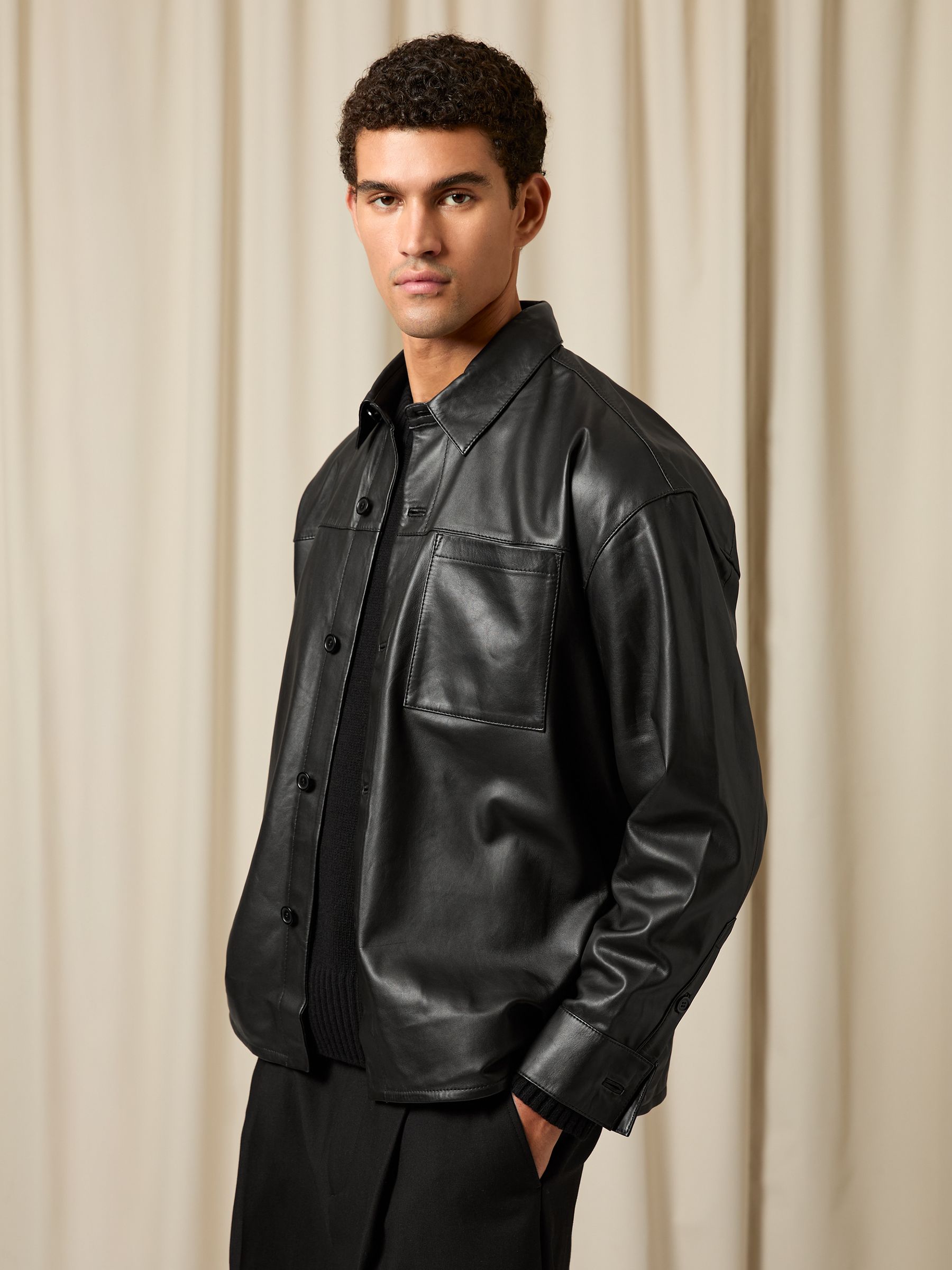 Buy Reiss Black Fletcher Monogram Embossed Leather Jacket Relaxed