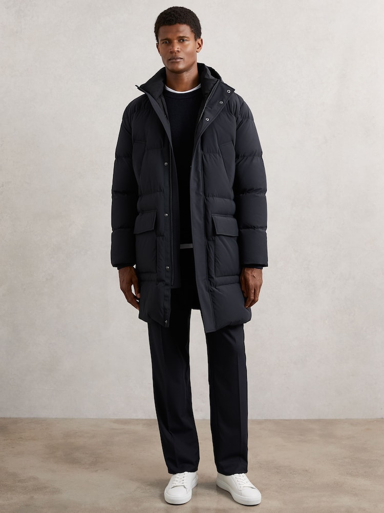 Reiss Navy Moon Longline Quilted Puffer Jacket - Image 1 of 6 Reiss Navy Moon Longline Quilted Puffer Jacket - Image 1 of 6