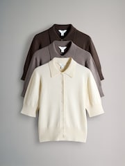 The Set 3 Pack Short Sleeve Fine Knit Button Collared Cardigans Chocolate Brown/Neutral Taupe/Cream - Image 2 of 6