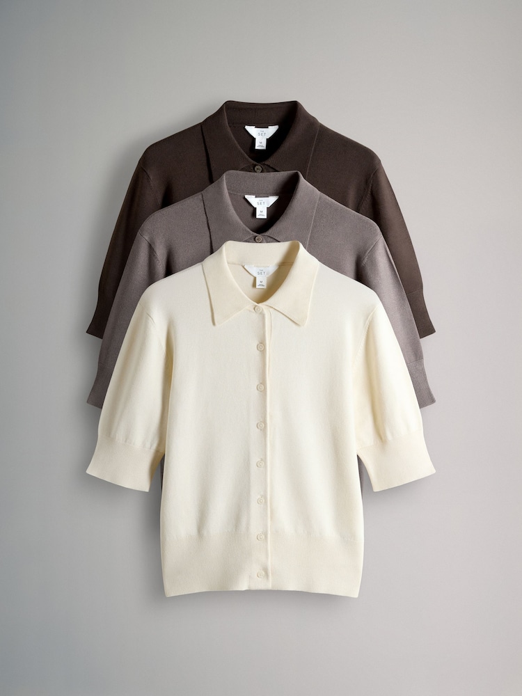 The Set 3 Pack Short Sleeve Fine Knit Button Collared Cardigans Chocolate Brown/Neutral Taupe/Cream - Image 2 of 6 The Set 3 Pack Short Sleeve Fine Knit Button Collared Cardigans Chocolate Brown/Neutral Taupe/Cream - Image 2 of 6