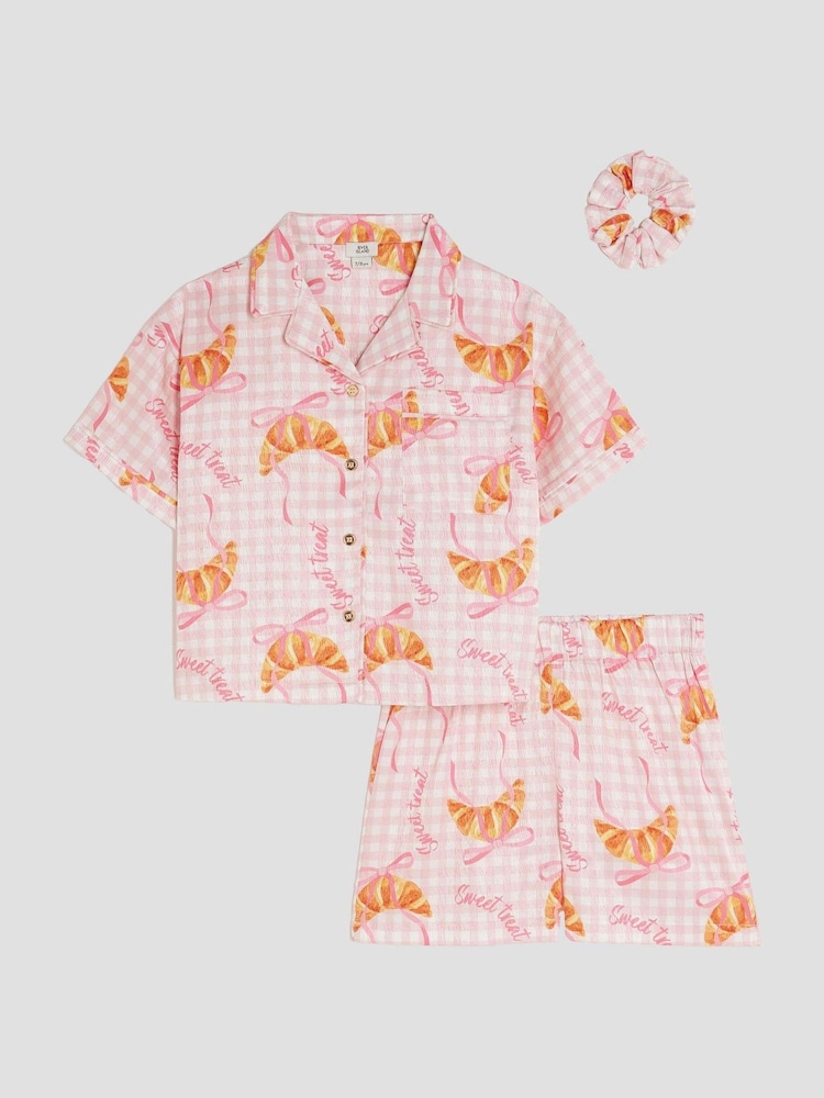 River Island Pink Girls Gingham Croissant Satin Pyjamas - Image 1 of 5