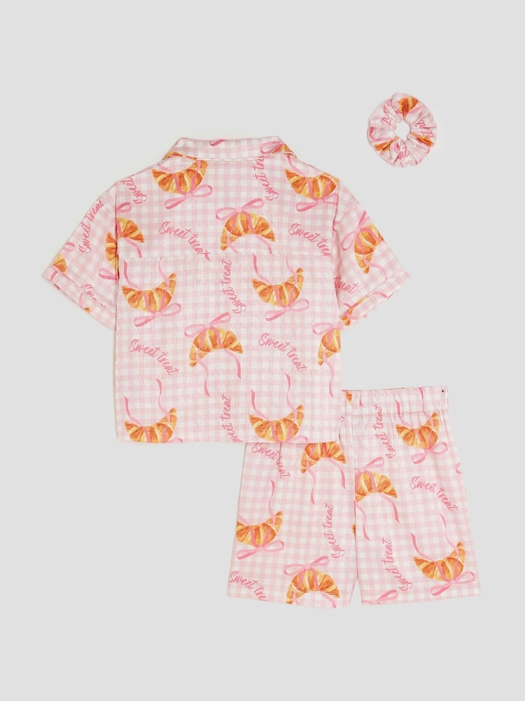 River Island Pink Girls Gingham Croissant Satin Pyjamas - Image 2 of 5