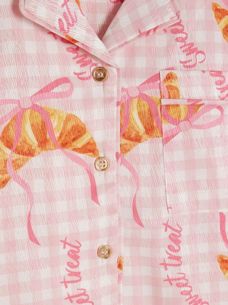 River Island Pink Girls Gingham Croissant Satin Pyjamas - Image 5 of 5