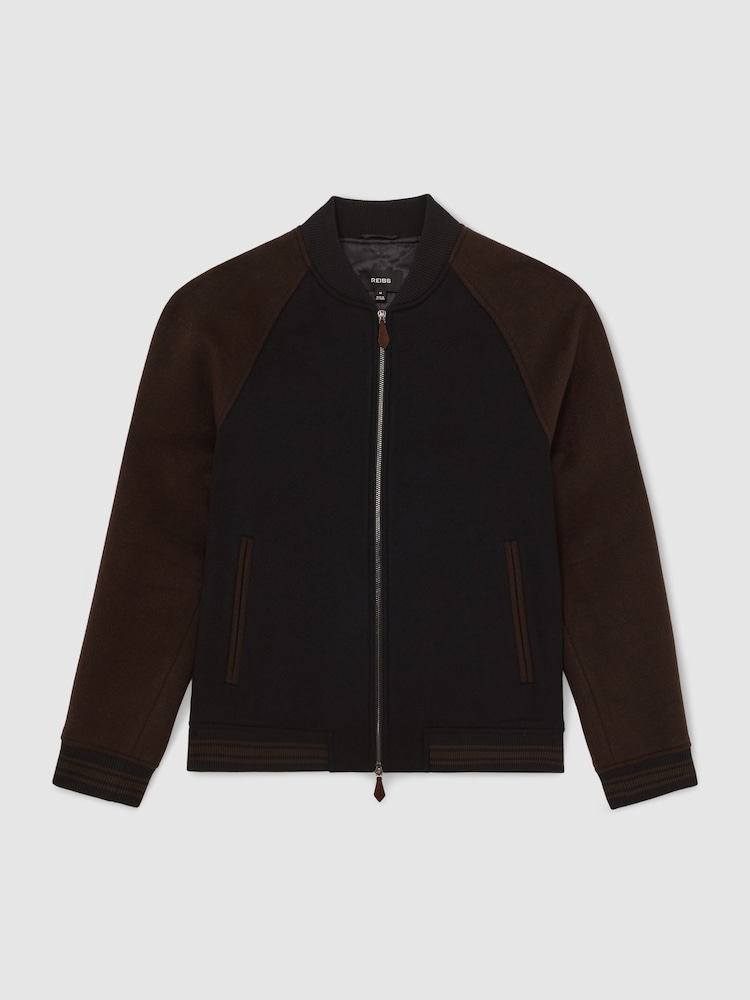 Marinho/Marrom - Reiss Rylan Wool-Blend Colour-Block Bomber Jacket - Imagem 2 de 6