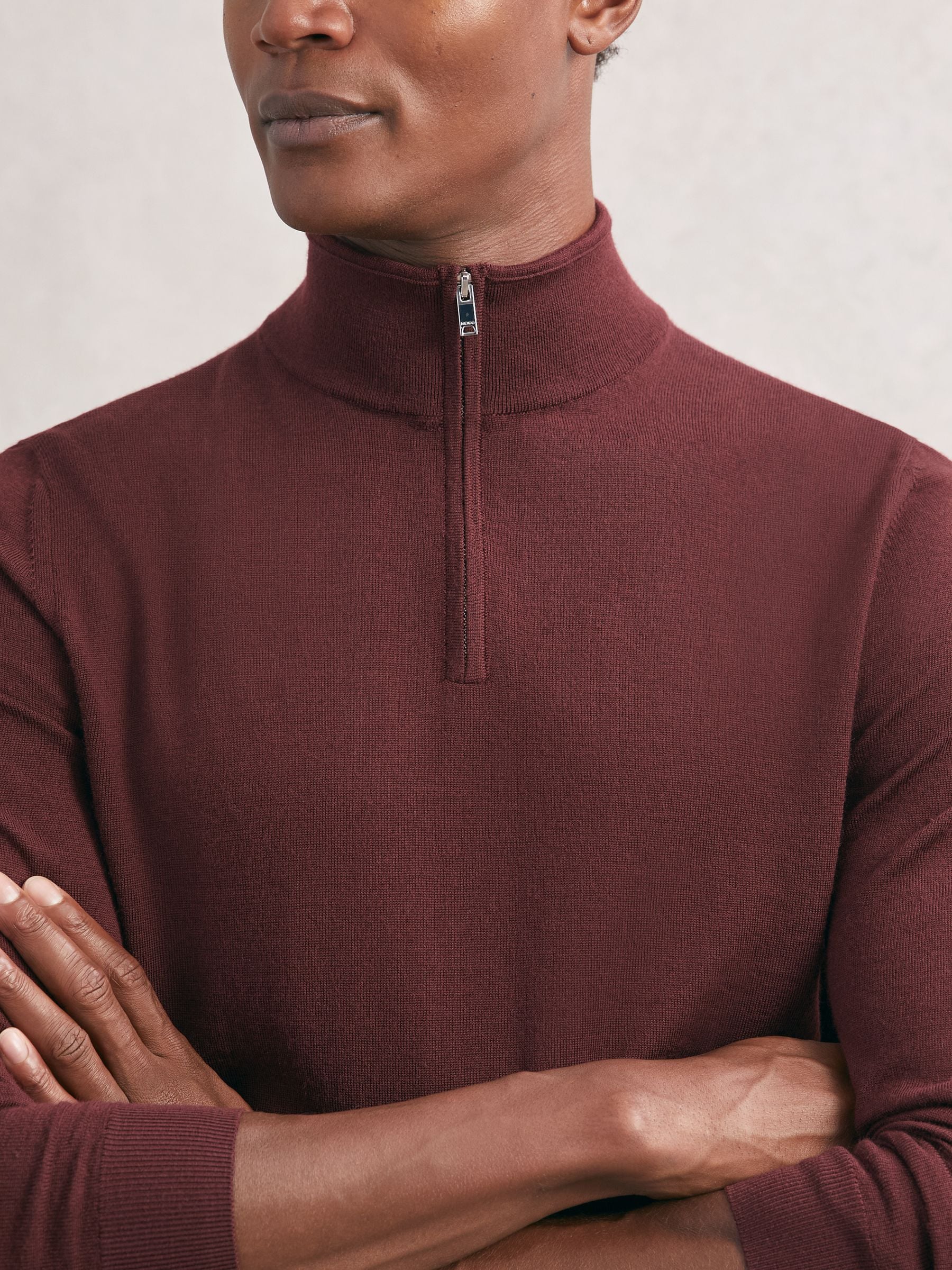 REISS REISS PORT RED BLACKHALL MERINO WOOL HALF-ZIP FUNNEL NECK JUMPER