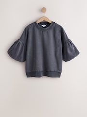 Washed Charcoal Grey Puff Sleeve Short Sleeve Sweat Top - Image 5 of 7