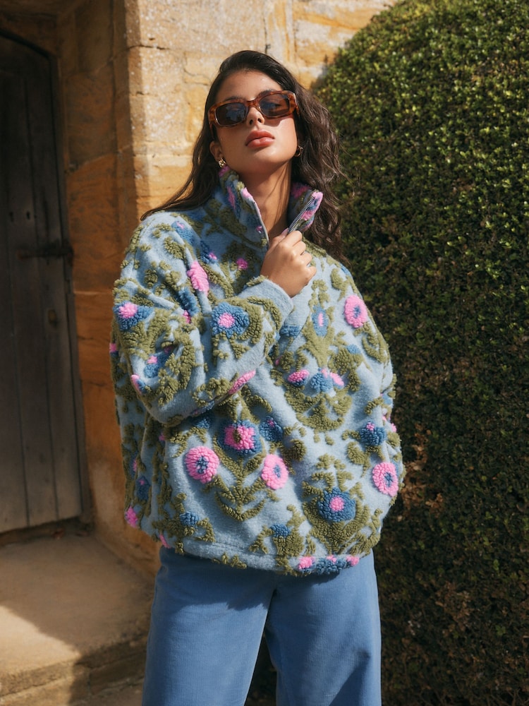 Blue/Pink National Trust x Next Quater Zip Print Borg Fleece - Image 1 of 8 Blue/Pink National Trust x Next Quater Zip Print Borg Fleece - Image 1 of 8