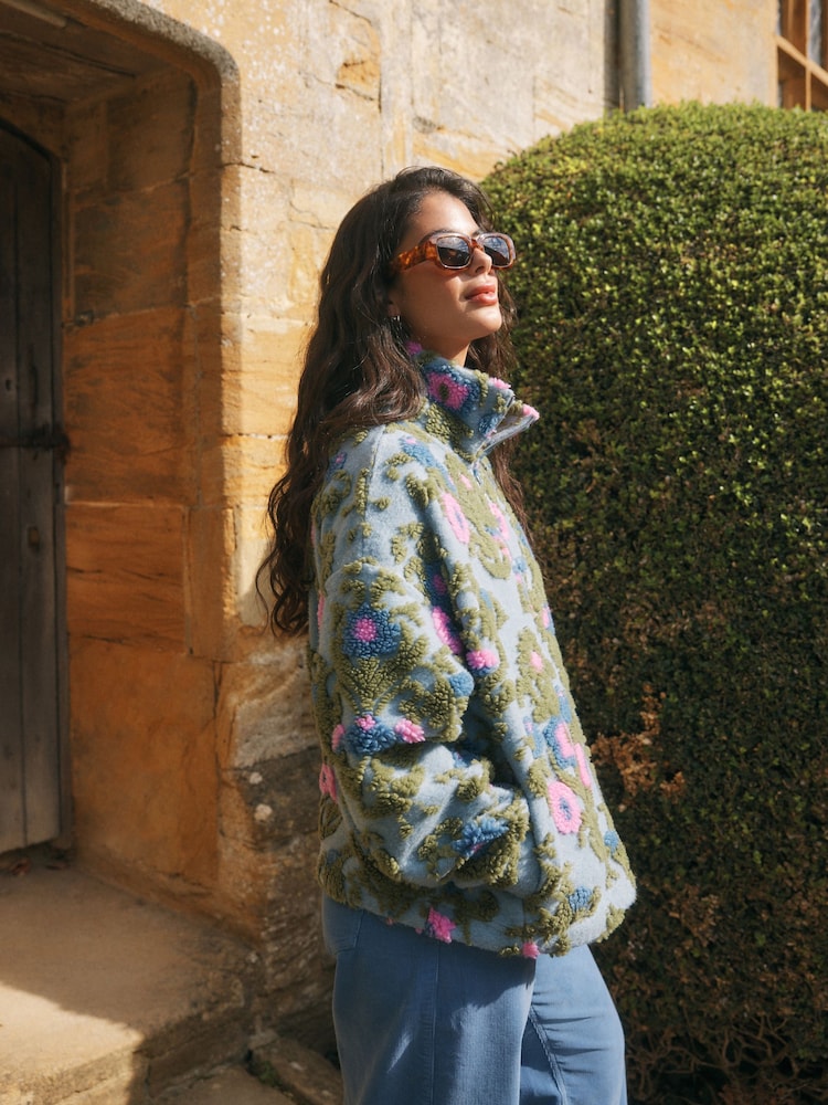 Blue/Pink National Trust x Next Quater Zip Print Borg Fleece - Image 2 of 8 Blue/Pink National Trust x Next Quater Zip Print Borg Fleece - Image 2 of 8