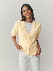 צהוב - קרדיגן מפנק עם שרוולים קצרים וכפתורי לב - תמונה 2 מתוך 8