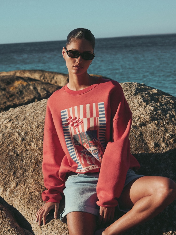 Berry Red Coffee Table Graphic Long Sleeve Crew Neck Sweat Top - Image 1 of 5