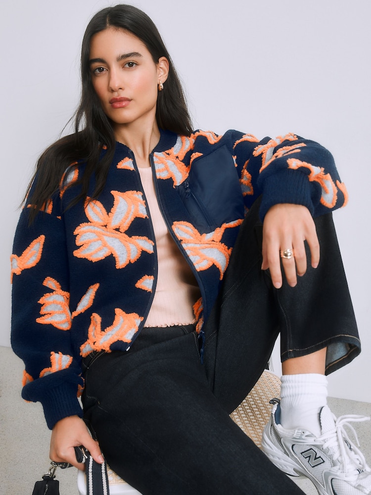 Navy Orange Floral Borg with Woven Mix Pocket Bomber Jacket - Image 1 of 9