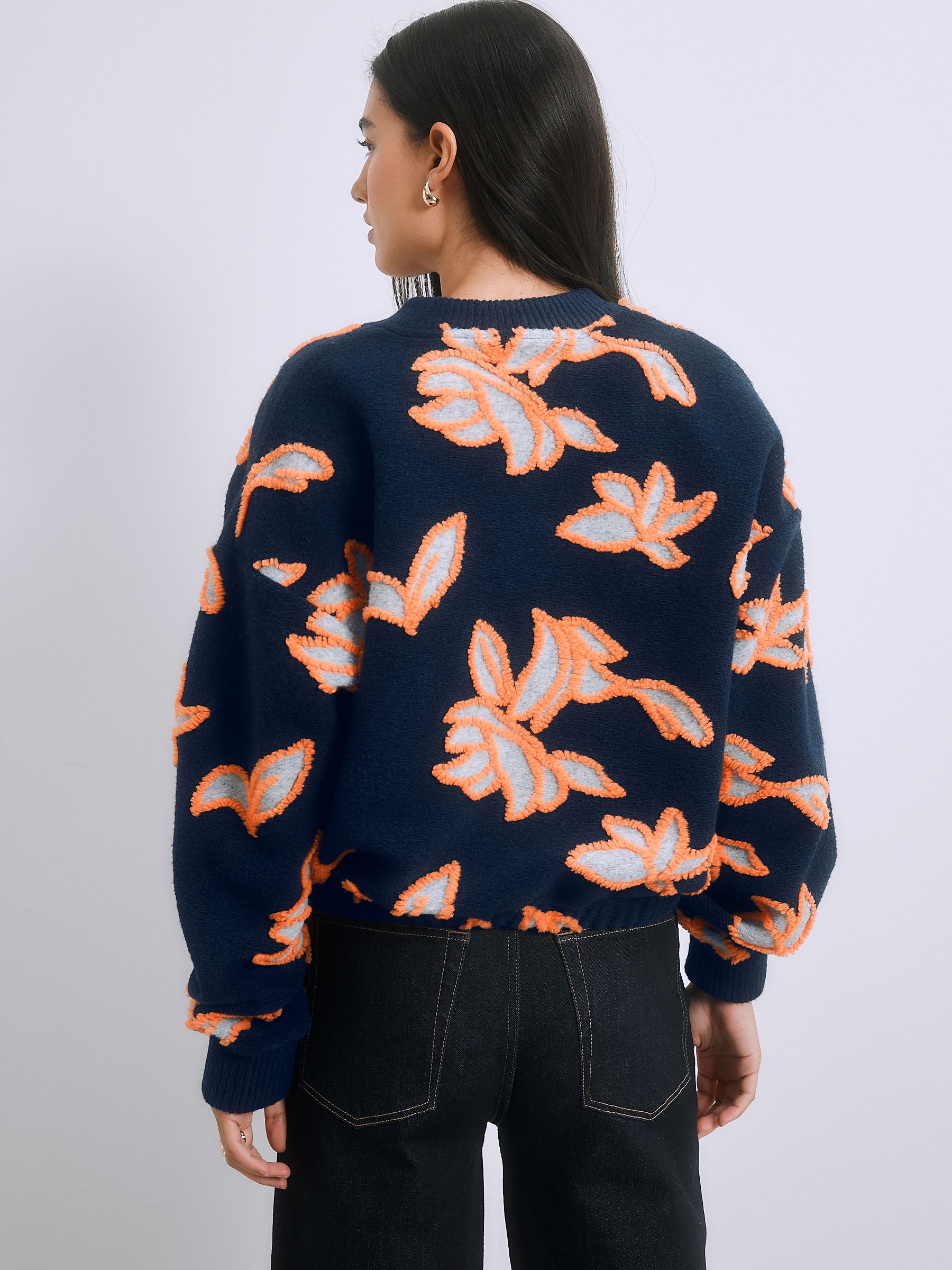 Buy Navy Orange Floral Borg with Woven Mix Pocket Bomber Jacket