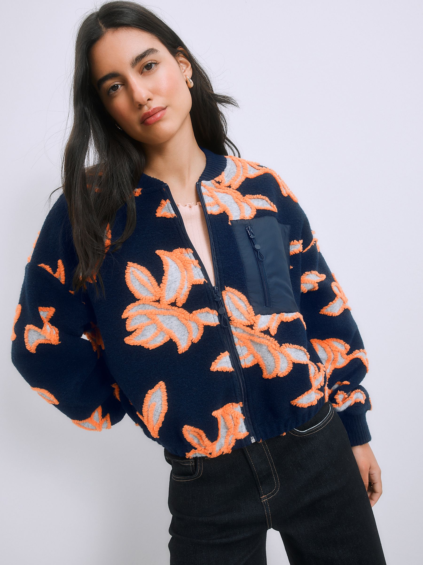 Buy Navy Orange Floral Borg with Woven Mix Pocket Bomber Jacket