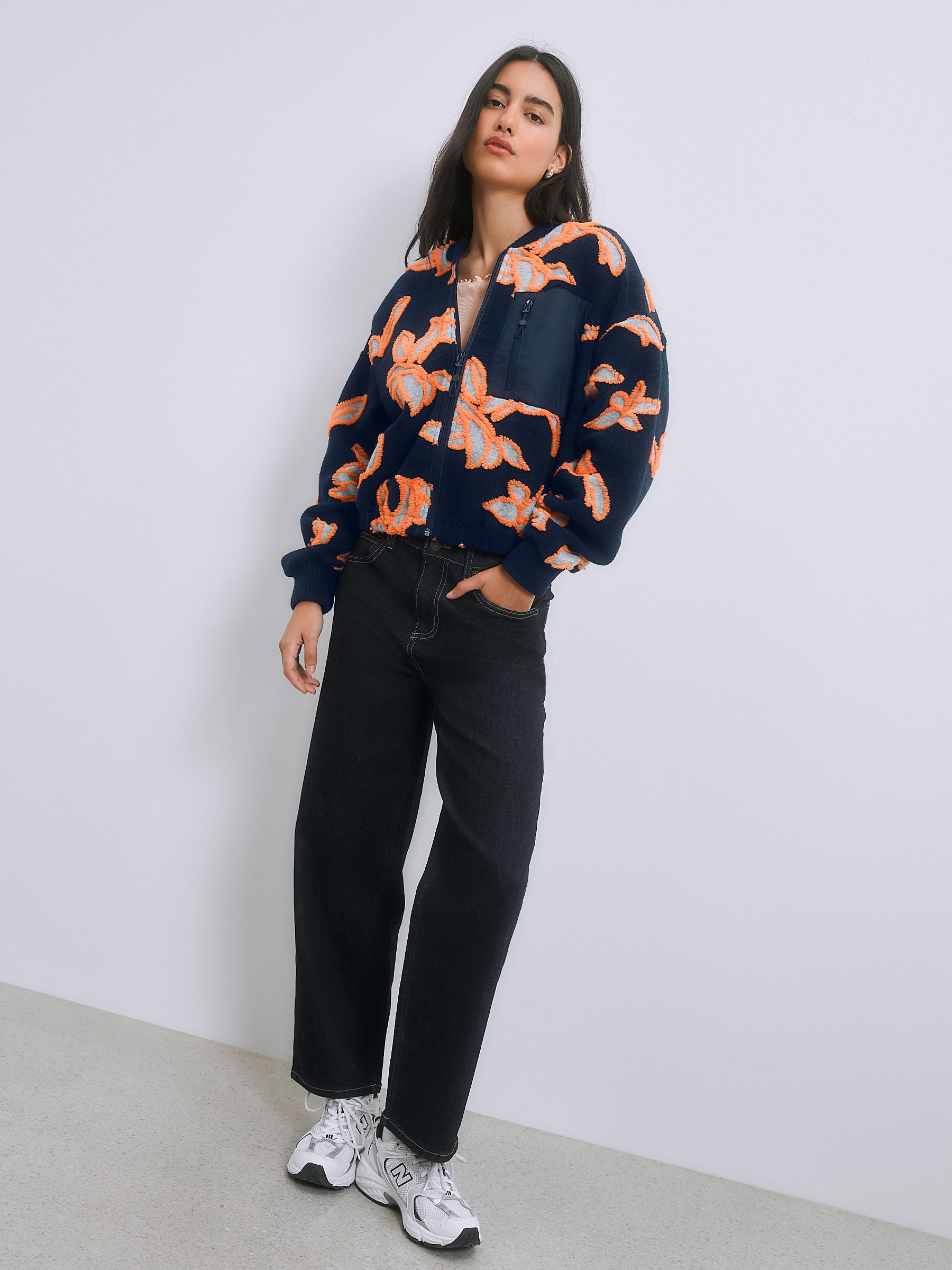 Buy Navy Orange Floral Borg with Woven Mix Pocket Bomber Jacket