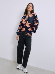 Navy Orange Floral Borg with Woven Mix Pocket Bomber Jacket - Image 5 of 9