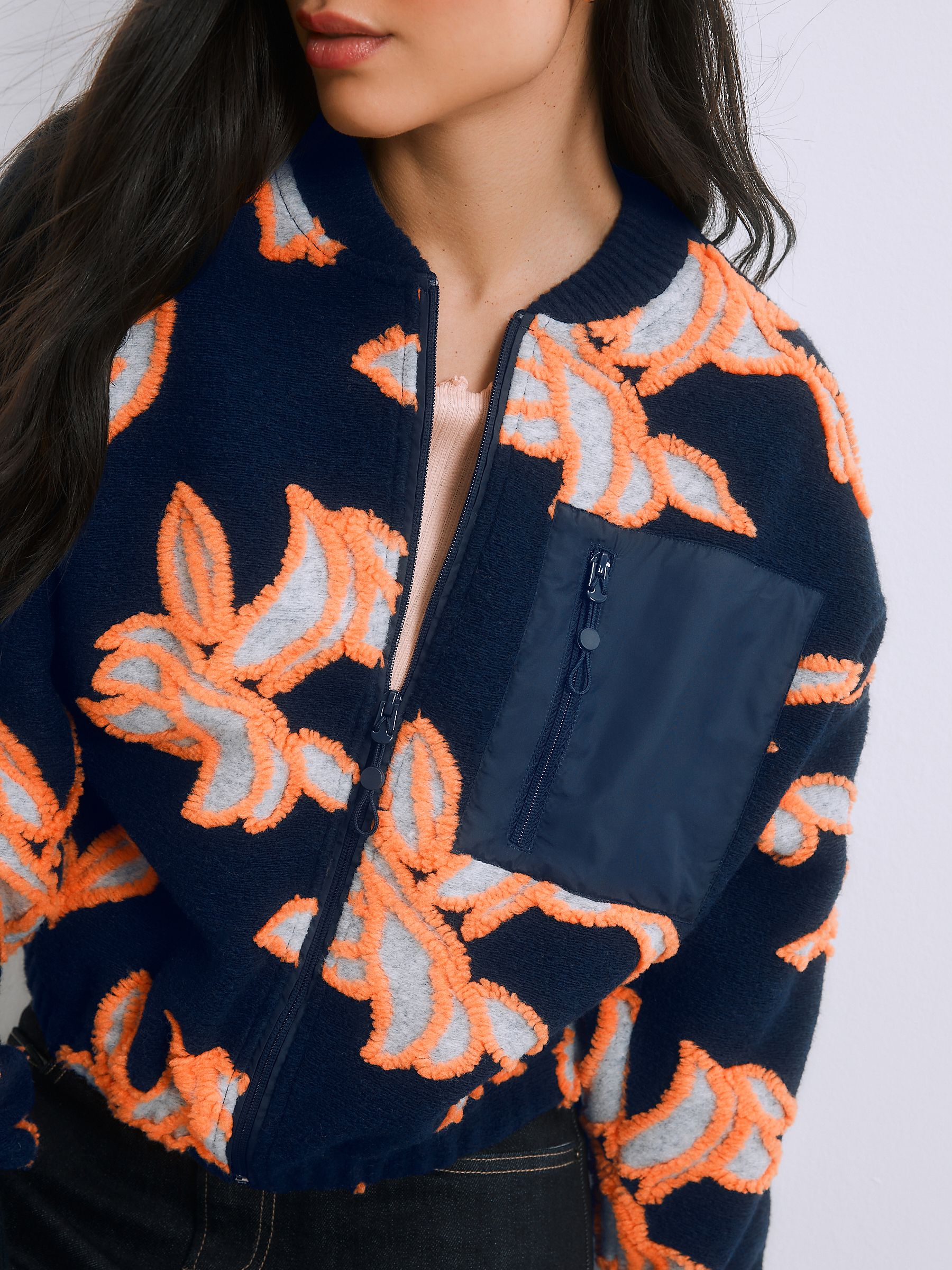 Buy Navy Orange Floral Borg with Woven Mix Pocket Bomber Jacket