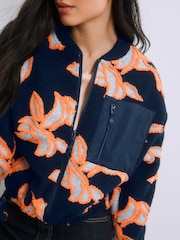 Navy Orange Floral Borg with Woven Mix Pocket Bomber Jacket - Image 6 of 9