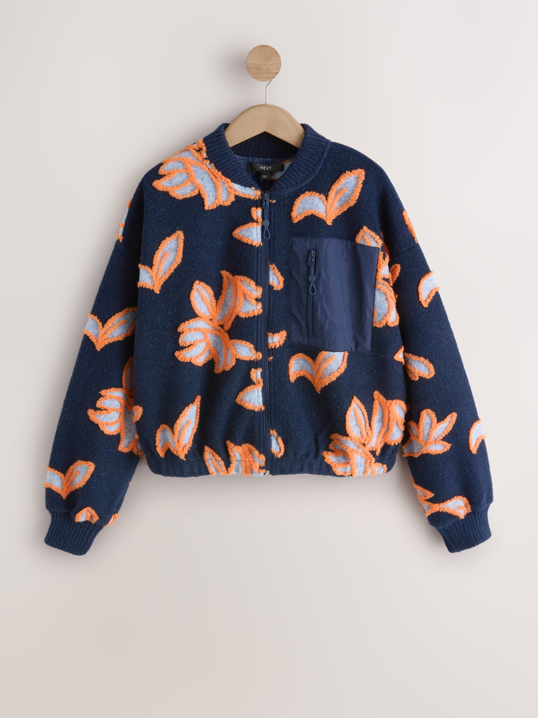 Buy Navy Orange Floral Borg with Woven Mix Pocket Bomber Jacket