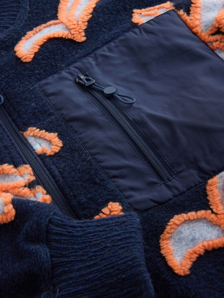 Navy Orange Floral Borg with Woven Mix Pocket Bomber Jacket - Image 9 of 9
