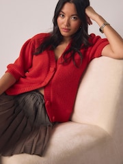 אדום - קרדיגן מפנק עם שרוולים קצרים וכפתורי לב - תמונה 1 מתוך 7