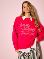 Pink Graphic Long Sleeve Crew Neck Sweat Top - Image 1 of 8