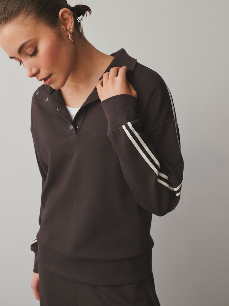 Chocolate Brown Slinky Side Stripe Poppered Funnel Neck - Image 4 of 4